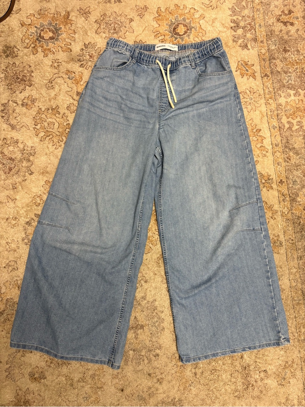Bershka Light Blue Wide-Leg Denim Jeans with Drawstring